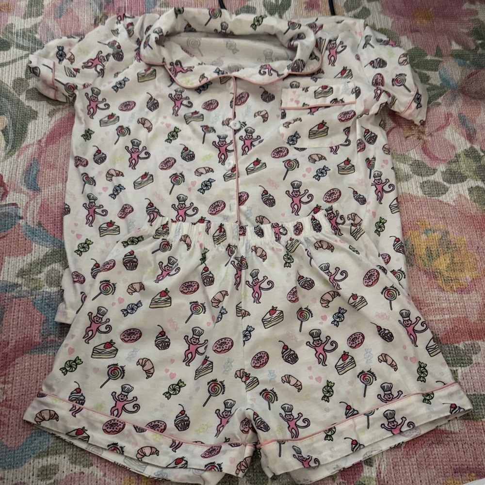 Amazon Women's Cream Pajama Set with Pink and Green Print